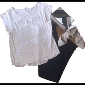 Express beige sequin short sleeve party top